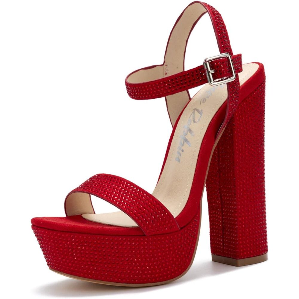Women's Rhinestone Platform Heels Ankle Strap, Red, Size 8.5 - Picture 6 of 8